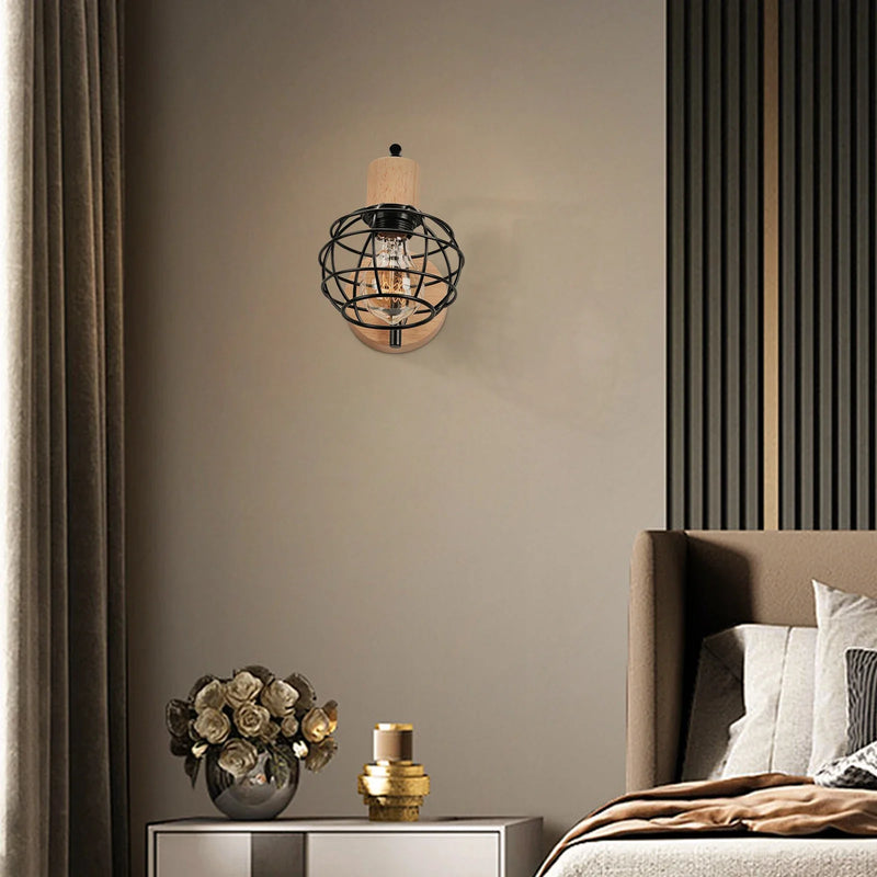 Iron Wood Wall Lamp Shade E27 for Bedroom Living Room by Axyaa
