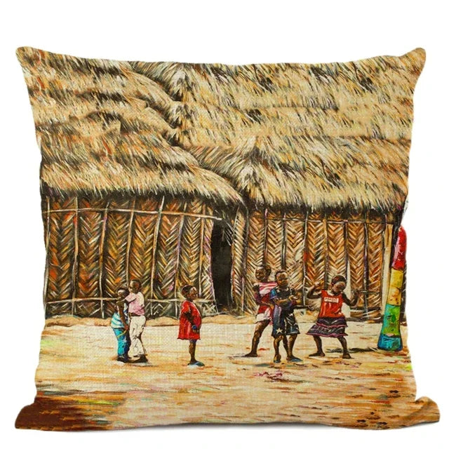 African Tribal Life Oil Painting Decorative Cushion Cover for Axyaa Branded Linen Pillowcase