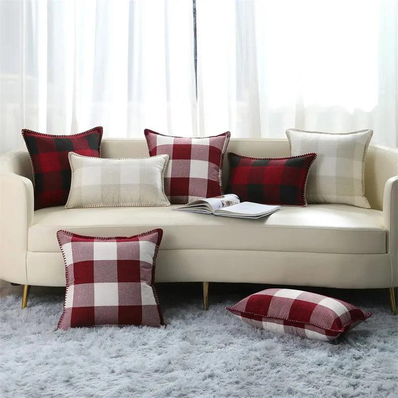 Axyaa Plaid Check 50x50cm Pillow Cover Cotton Linen Home Decor Sofa Cushion