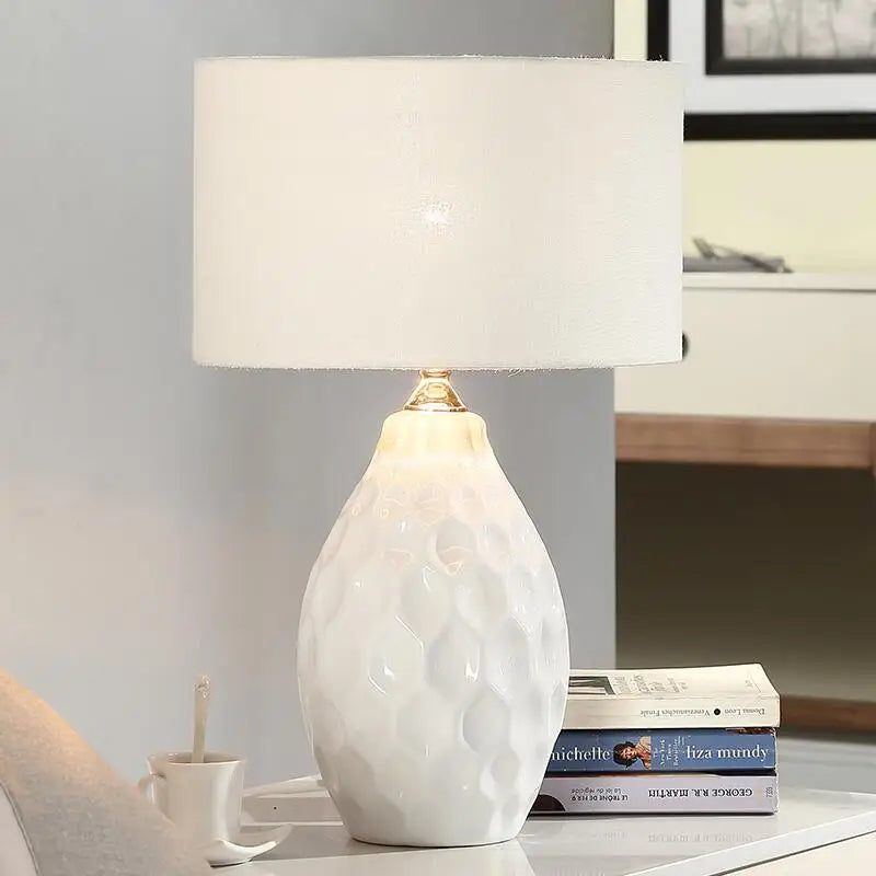 Axyaa White Ceramic Table Lamp with Remote Control and Fabric Shade