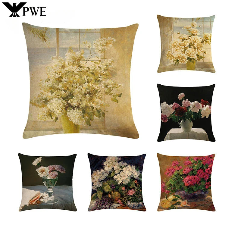 Axyaa Retro Flower Oil Painting Linen Pillowcase 45*45cm