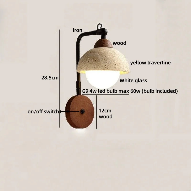 Axyaa Wabi Sabi LED Wall Lamp Sconce Black Iron Arm Yellow Travertine Stair Light