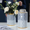 Axyaa Geometric Stripe Ceramic Storage Jar with Lid Porcelain Vase Modern Decor