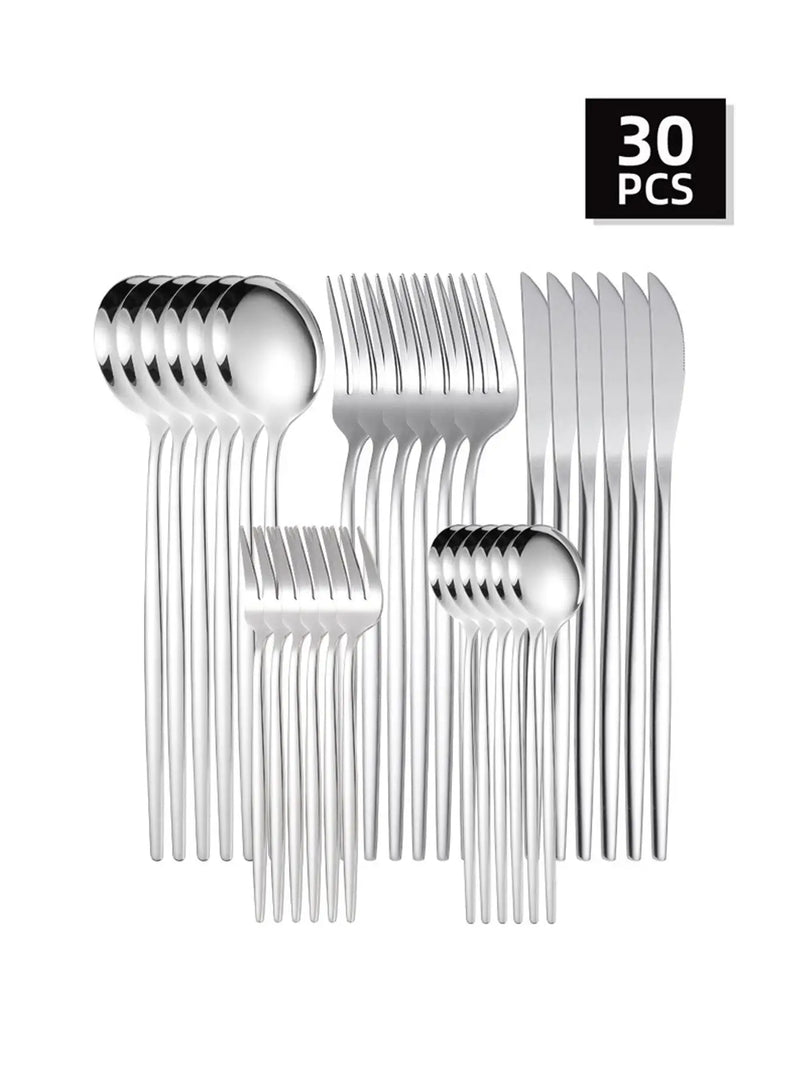 Axyaa 30pc Stainless Steel Cutlery Set with Steak Knives, Fruit Forks, and Dessert Spoons