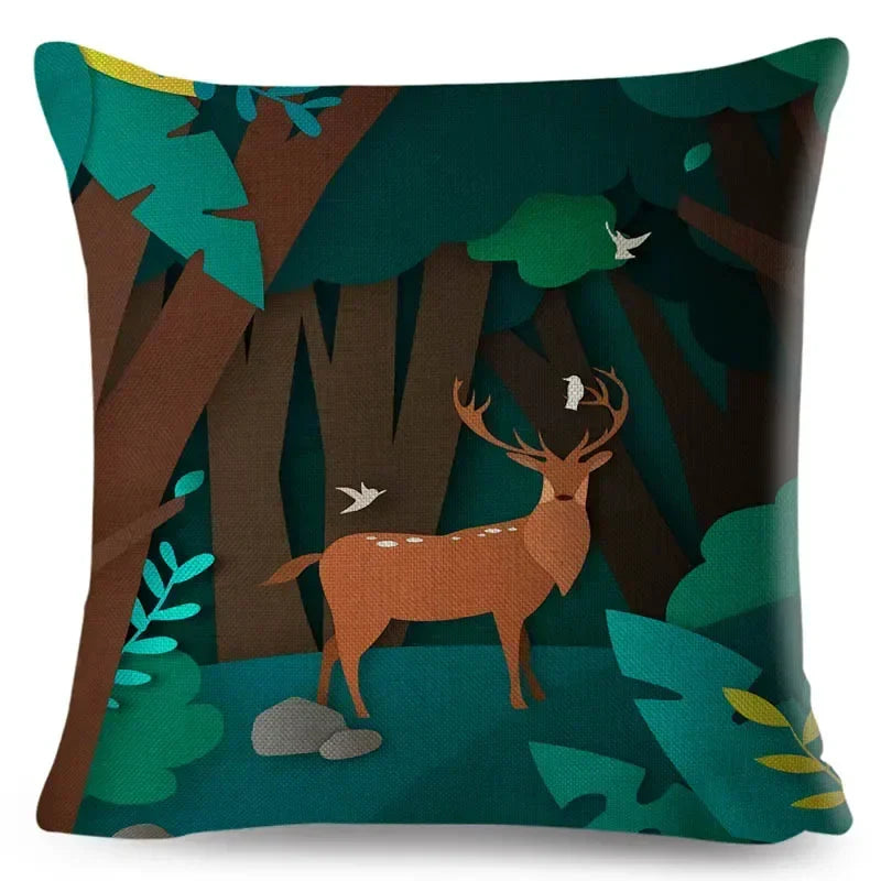 Axyaa Cartoon Deer Pillowcase - 45*45cm Linen Cushion for Home Decor