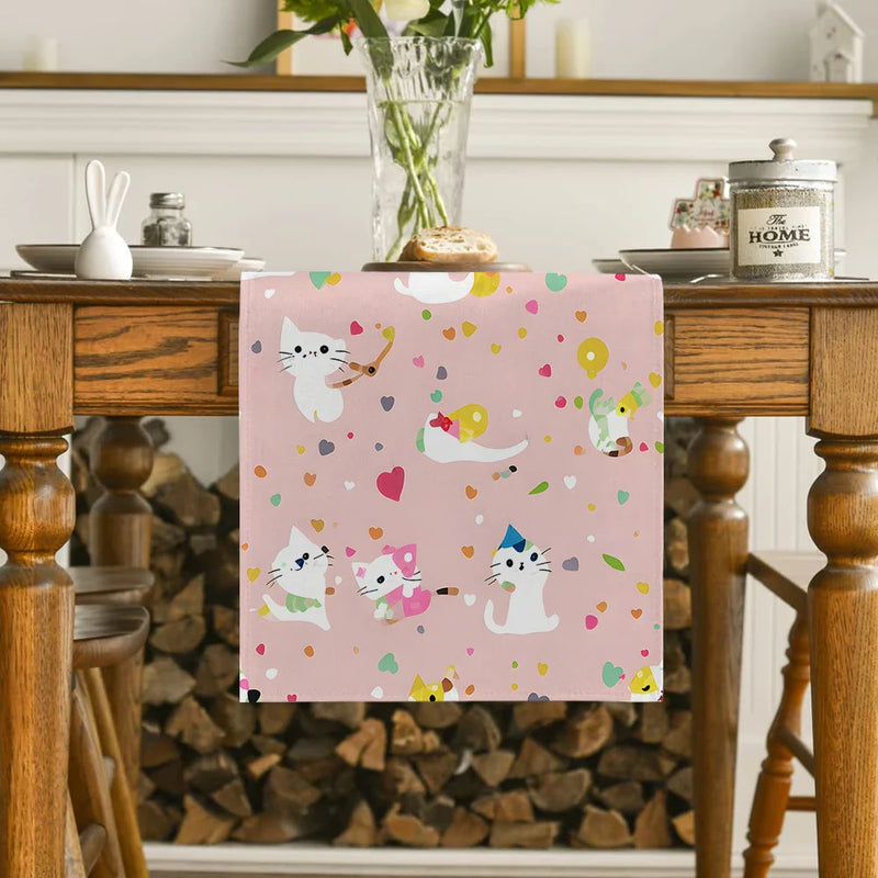 Axyaa Polka Dot Cat Abstract Table Runner for Kitchen Dining Party Decor