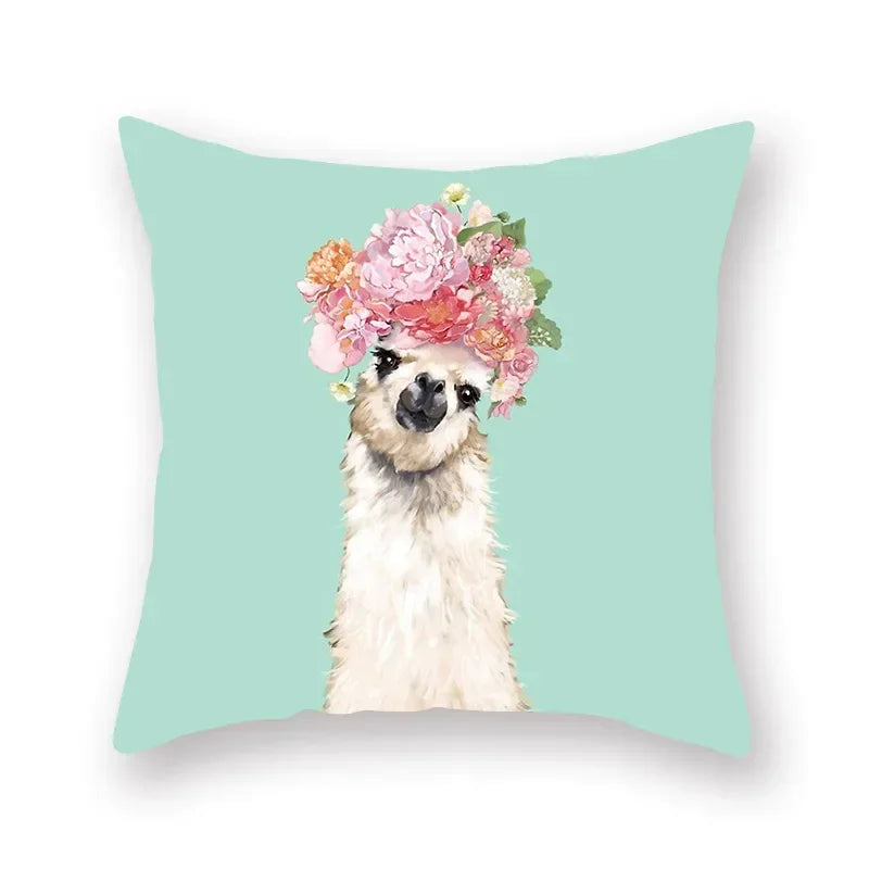 Floral Animal Painting Pillowcase Pink Cat Dog Llama Sofa Cushion Cover Home Decor
