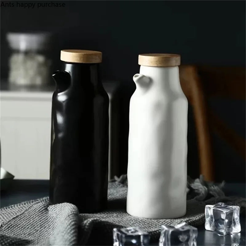 Axya Ceramic Oil Bottle with Wooden Cover, Leakproof Spice Container