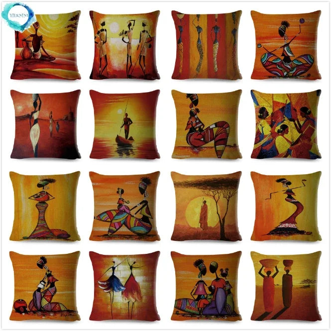 Axyaa Abstract African Woman Decorative Cotton Linen Cushion Cover