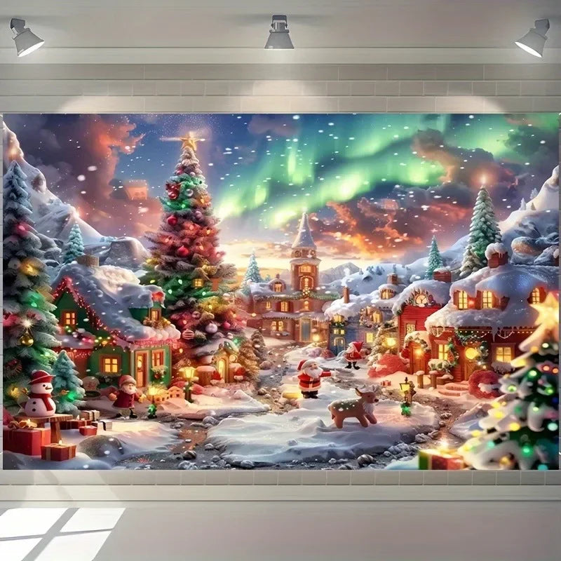 Axyaa Christmas Town Aurora Snow Tapestry for Festive Home Decor