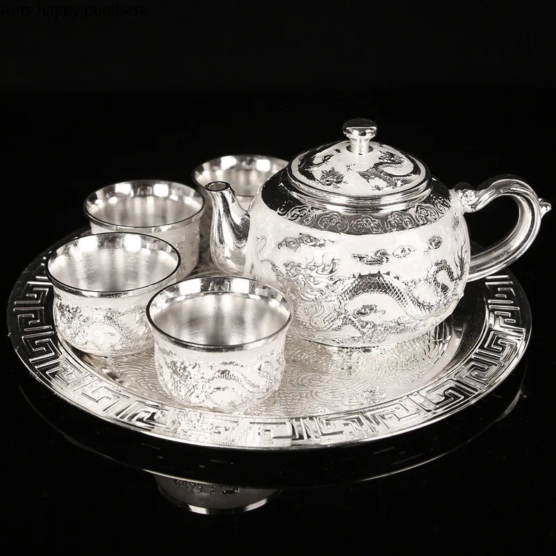 Axya Dragon Phoenix Metal Tea Set Tray 6 Teacup Teapot Teaware Utensils