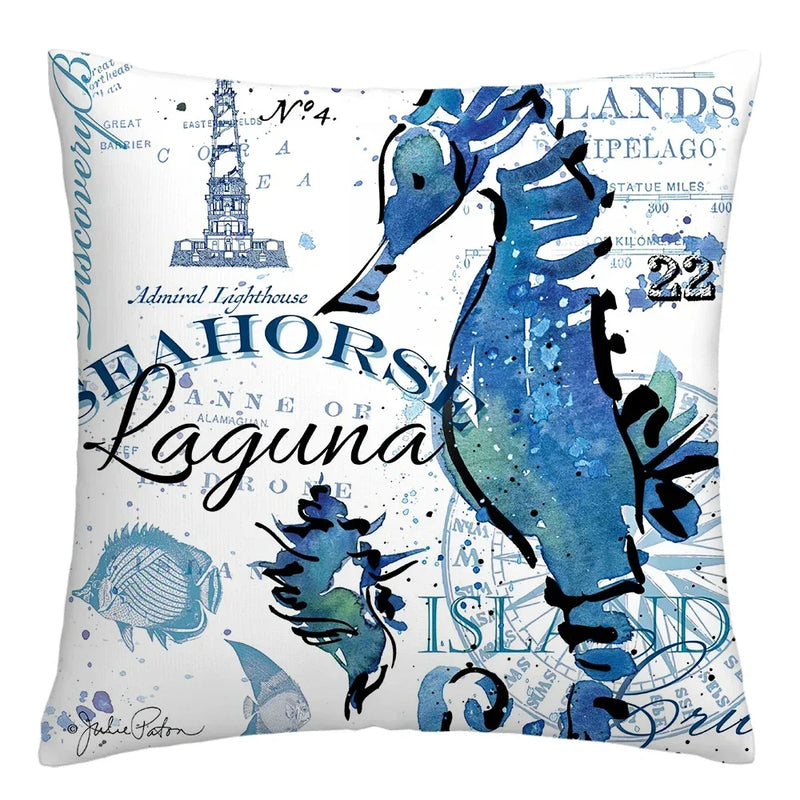 Axyaa Blue Marine Organism Pattern Polyester Cushion Cover for Home Sofa