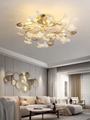 Axyaa Gold Branches Chandelier With Porcelain Leaves - Luxury Living Room Decor