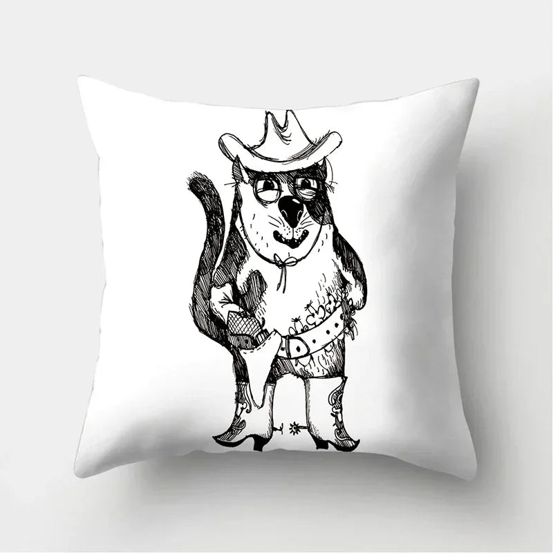Axyaa Black & White Cat Pattern Cushion Cover for Living Room, Bedroom & Sofa