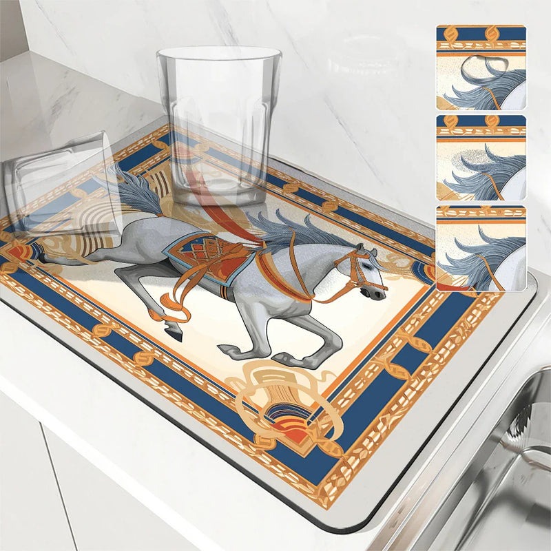 Axyaa Flower Print Drying Mat: Absorbent, Anti-Slip Placemat for Table Cups