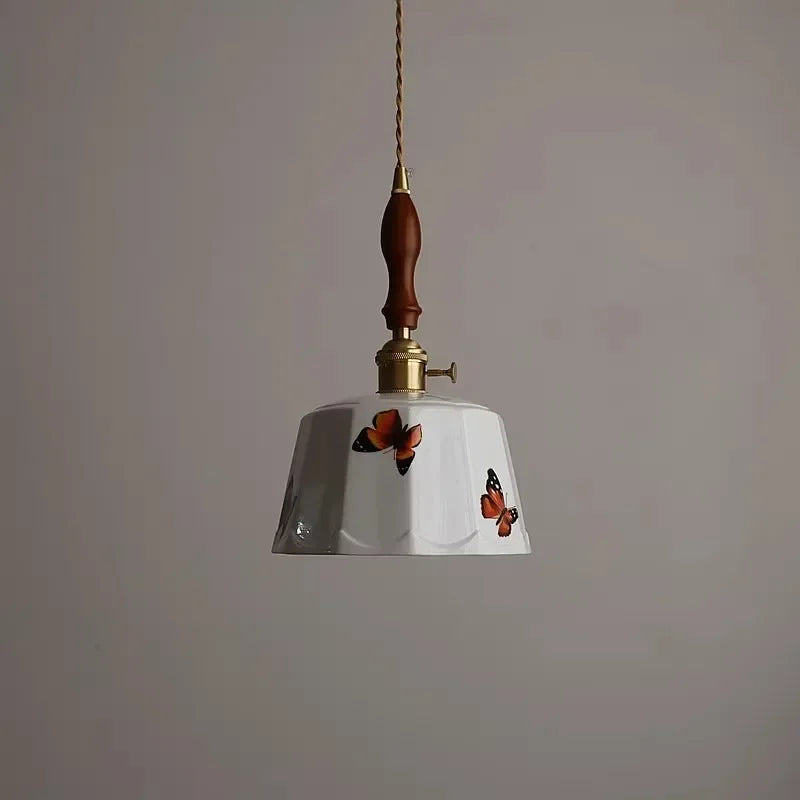 Axyaa White Ceramic Pendant Light Retro Wood Copper LED Hanging Lamp