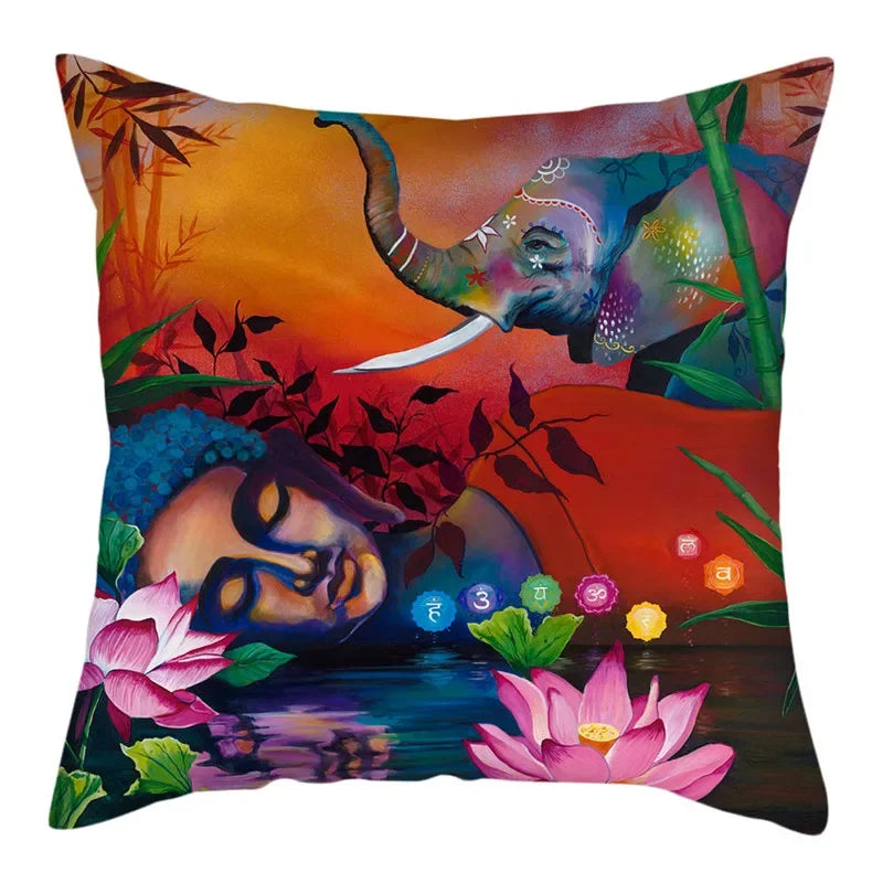 Axyaa Buddha Statue Polyester Cushion Cover for Home Sofa Decor