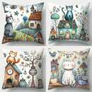 Axyaa Cute Cat & Cozy Cottage Pillow Cover Set for Sofa, Bedroom, Car