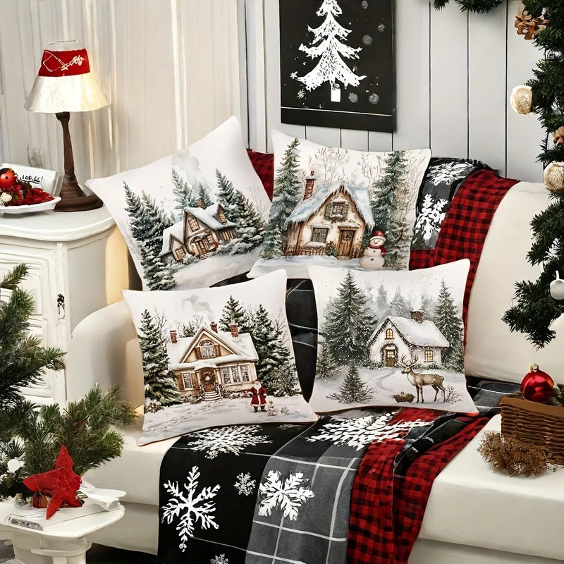 Axyaa Winter Snow Hut Pillow Cover, Festive Christmas Sofa Cushion Home Decor