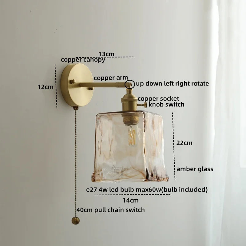 Axyaa Glass Copper LED Wall Lamp with Knob Switch for Modern Home Decor
