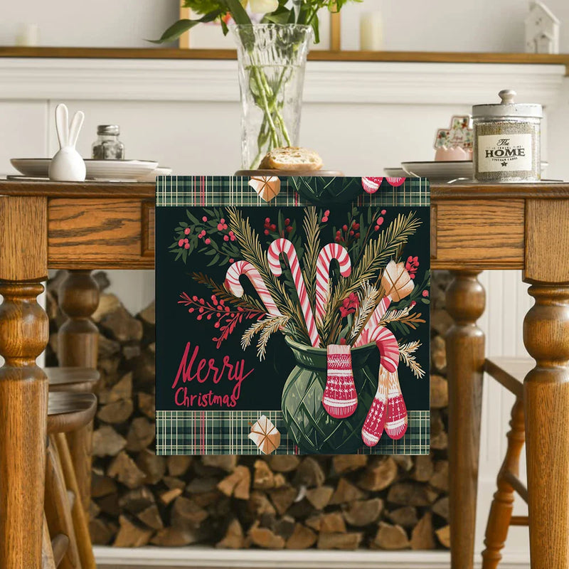 Axyaa Christmas Holiday Table Runner Gloves Fir Berries Decor Sugar Cane