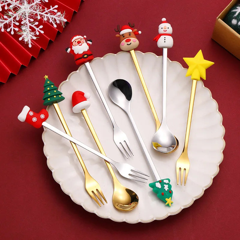 Axyaa Christmas Cutlery Set: Spoon, Fork, Elk Tree Decoration, Dessert Scoop