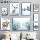 Axyaa Winter Lake Forest Owl Deer Snow Canvas Wall Art Print for Modern Home Decor