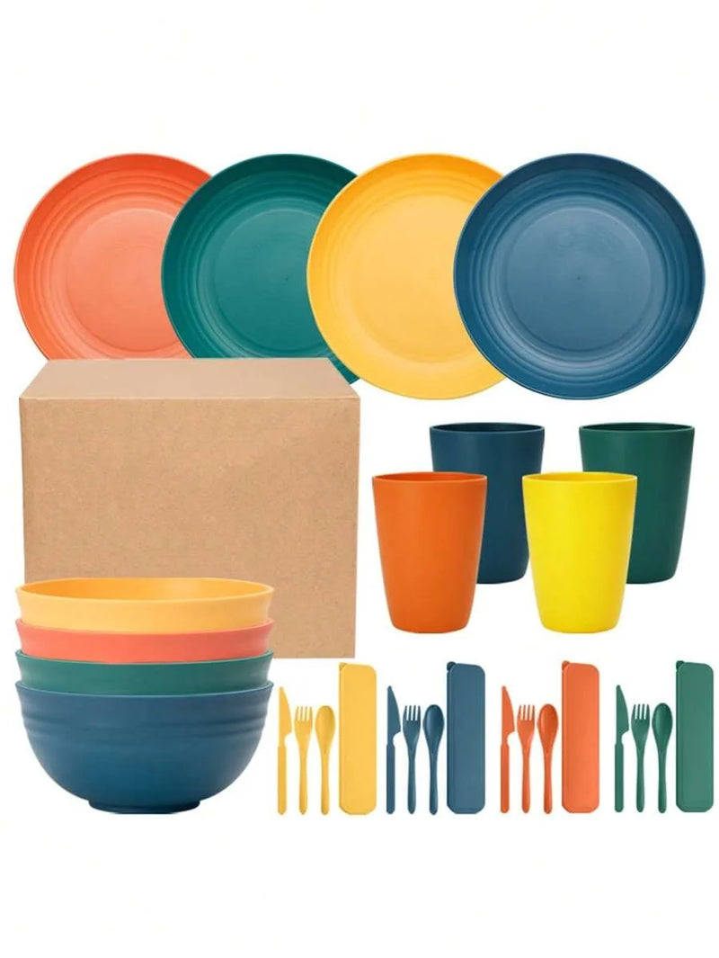 Axyaa 28pcs Plastic Tableware Set: Plate, Bowl, Cup, Cutlery - Reusable for Home, Hotel, Party