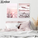 Axyaa Pink Beach Sunset Lake Mountain Canvas Wall Art Nordic Decor