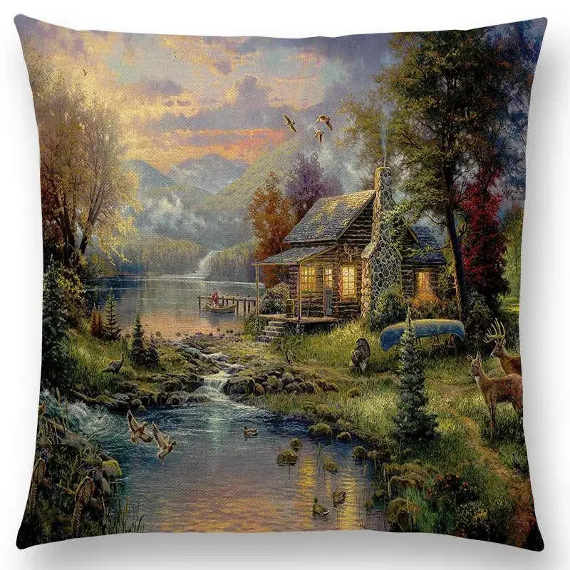 Axyaa Castle Lighthouse Scenery Painting Cushion Cover - Sofa Pillowcase