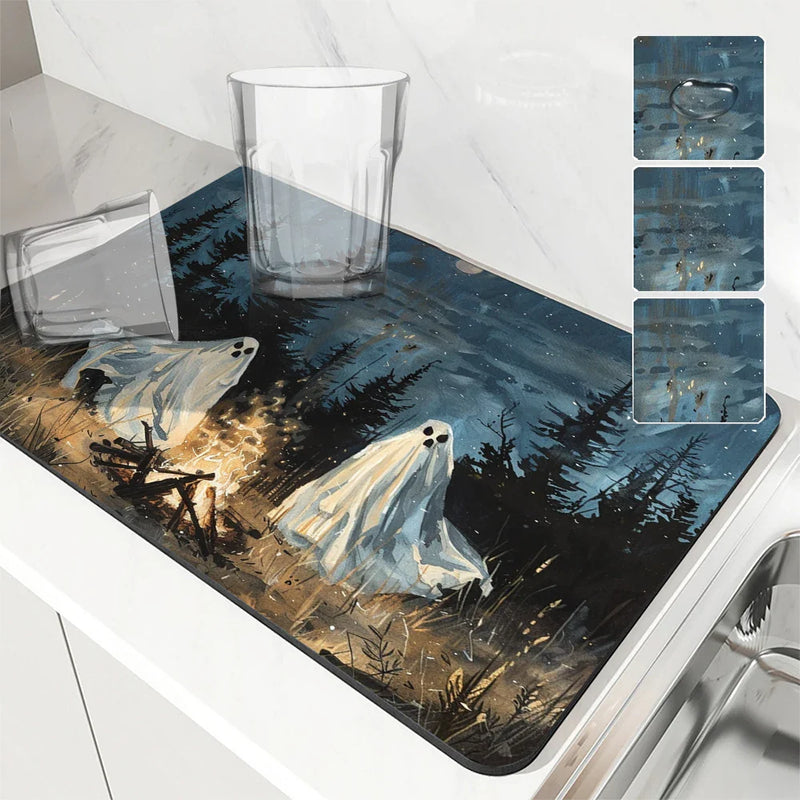 Axyaa Halloween Desk Drain Pad: Heat Resistant Dish Drying Mat, Non-slip Kitchen Placemat