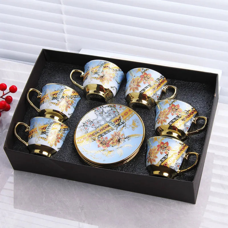 Axya Tracing Gold Coffee Cup and Saucer Set for 6 | High-Grade Ceramic Tea Espresso Set