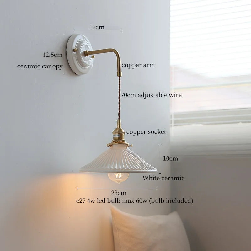 Axyaa Pleats Ceramic LED Wall Sconce Lamp with Adjustable Copper Arm