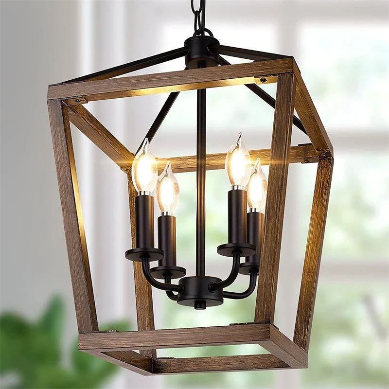 Axyaa Retro Industrial Bird Cage Candle Chandelier in Black Wood Color