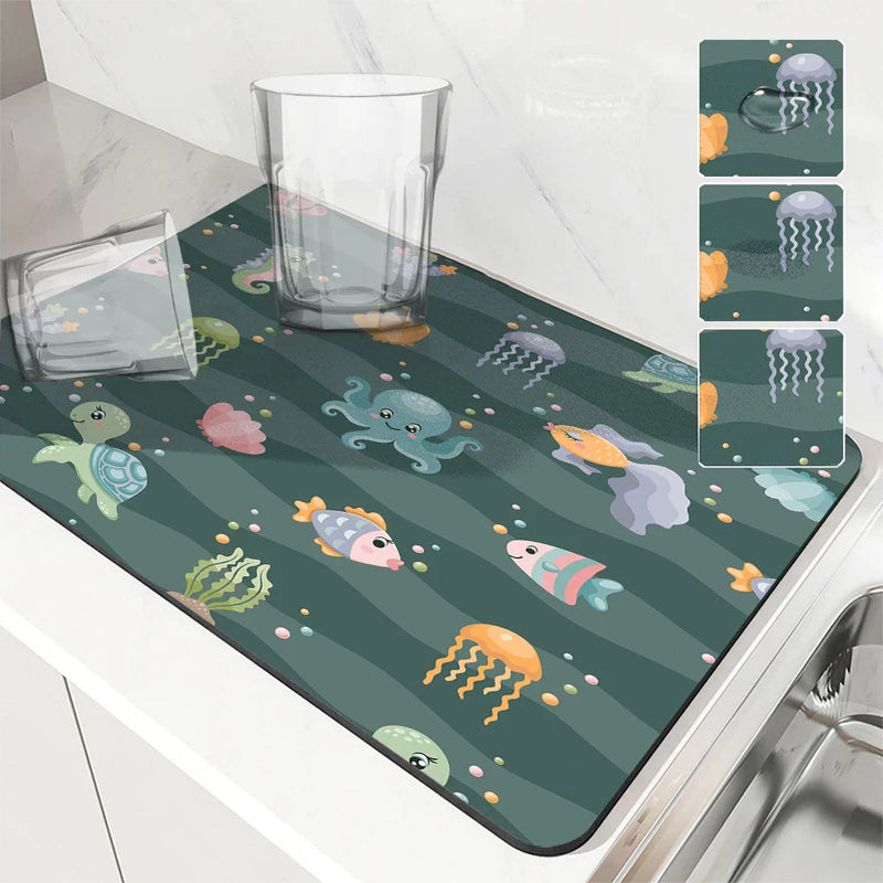 Axyaa Absorbent Kitchen & Bathroom Draining Mat - Quick Dry, Anti-Slip Octopus & Shark Dish Mats