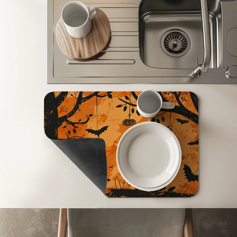 Axyaa Halloween Bat Owl Watercolor Drying Mat Black Absorbent Kitchen Mats