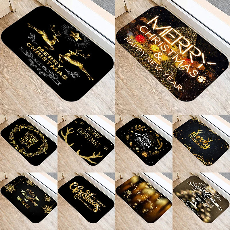 Axyaa Merry & Happy Year Door Mat: Golden Black Letter Print, Non-Slip Floor