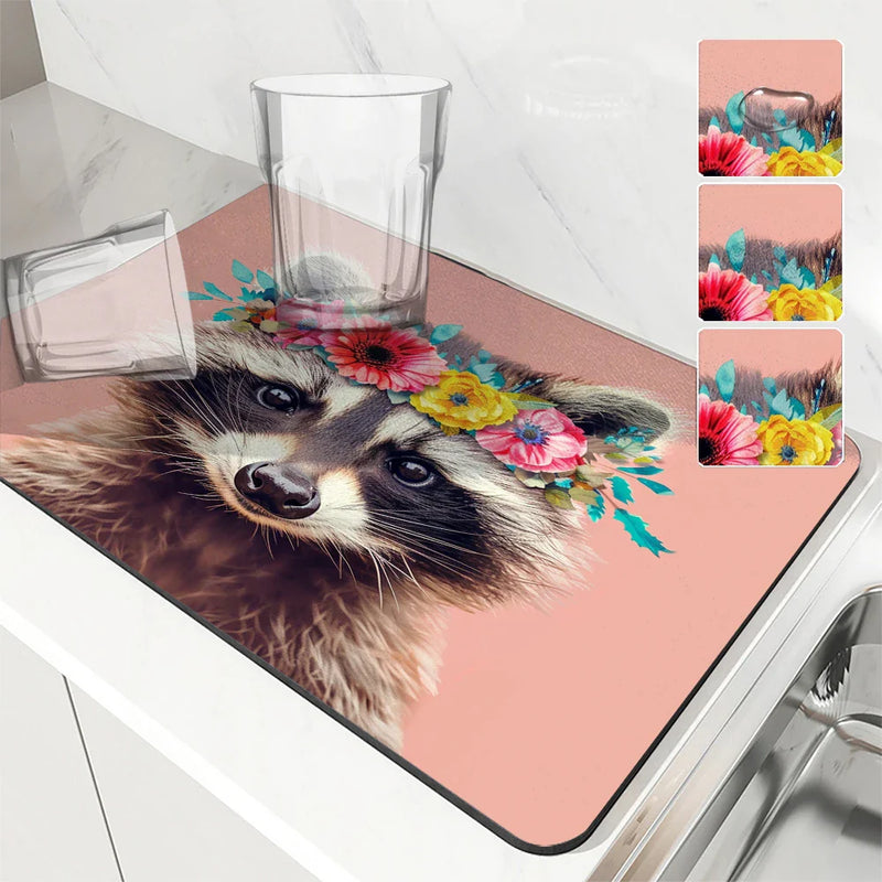 Axyaa Absorbent Coffee Dish Mat: Non-Slip Animal & Plant Design, Quick Dry Kitchen & Bathroom Drain Pad