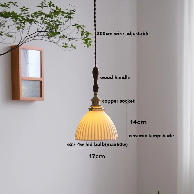 Axyaa White Ceramic LED Pendant Light with Wood Handle - Bedroom Living Room Lamp