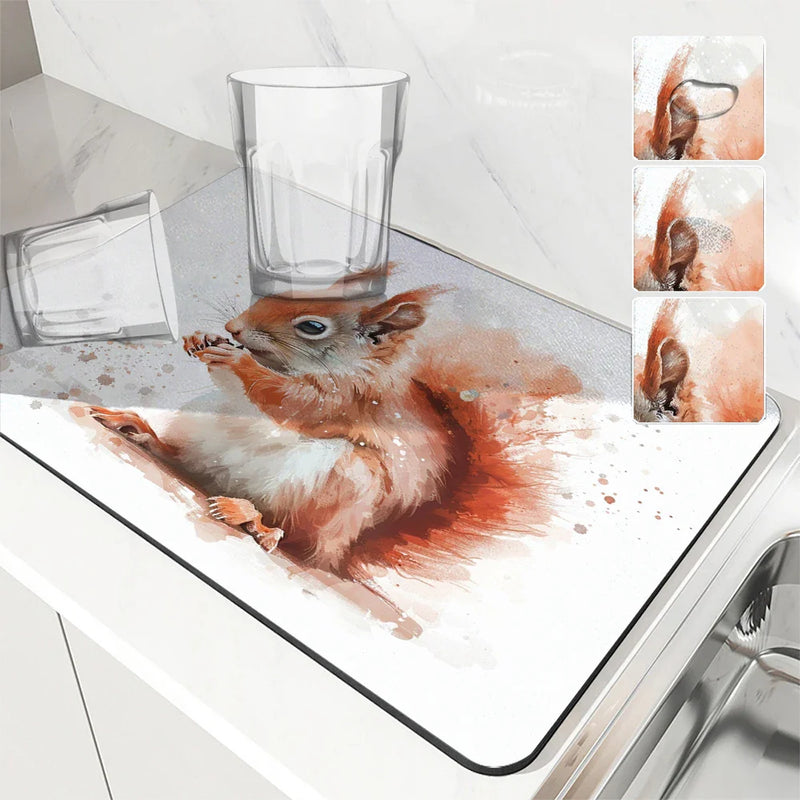 Axyaa Watercolor Squirrel Cartoon Absorbent Drying Mat, Antiskid & Quick Dry