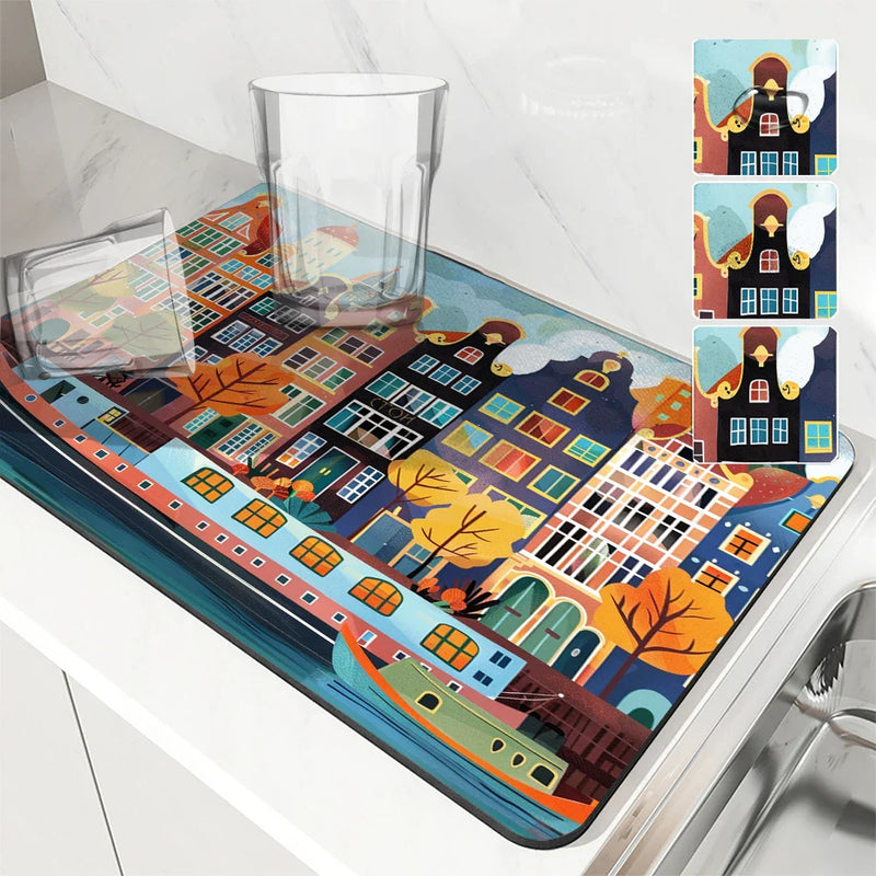 Axyaa Absorbent Kitchen Mat: Amsterdam Boats Design for Quick Drying, Antiskid & Draining