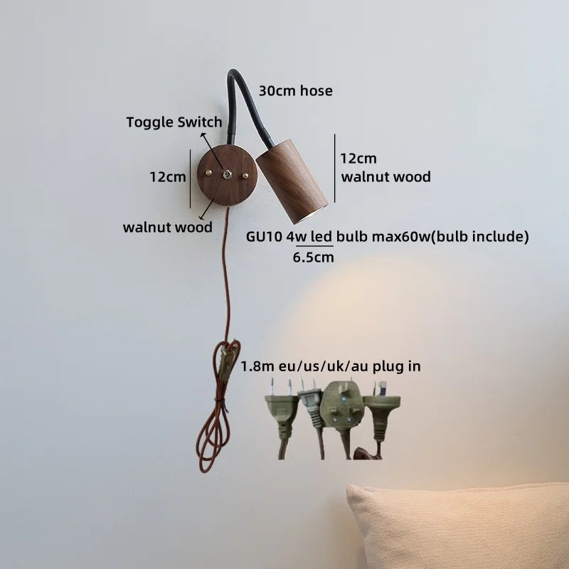 Axyaa Walnut Wood LED Wall Lamp 30cm Black Hose, Modern Nordic Design
