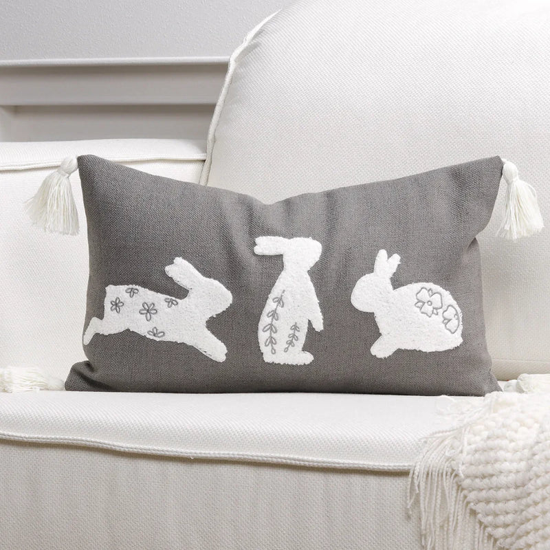 Axyaa Bunny Rabbit Floral Embroidery Pillow Cover, Soft Canvas Texture, Easter Home Decor
