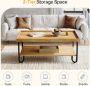 Axyaa Solid Wood Coffee Table, 2-Tier Rectangular Center Table with Metal Legs