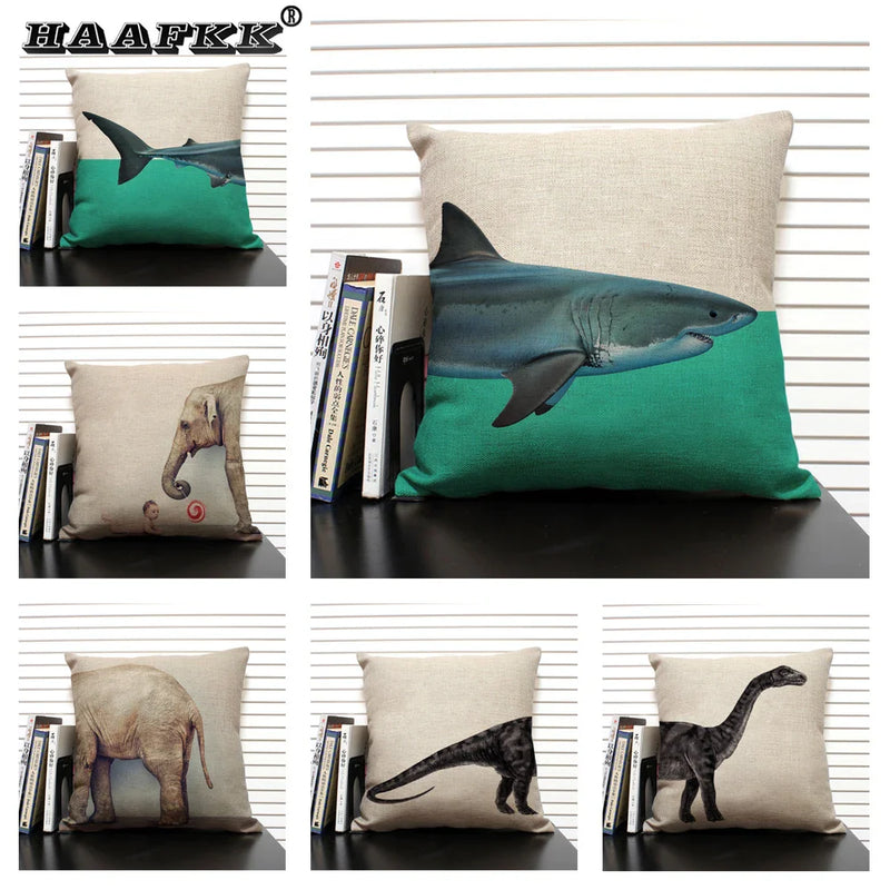 Axyaa Shark Dinosaur Linen Cushion Cover Throw Pillow Case 45x45cm