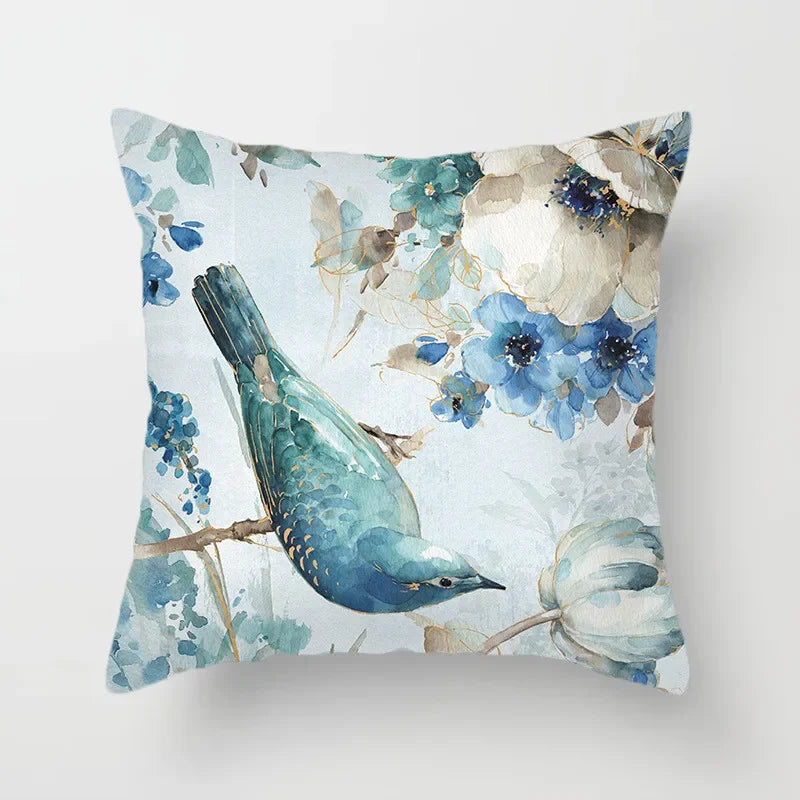 Luxurious Blue Bird Floral Pillowcase by Axyaa - 45x45cm Square Decor for Home & Office