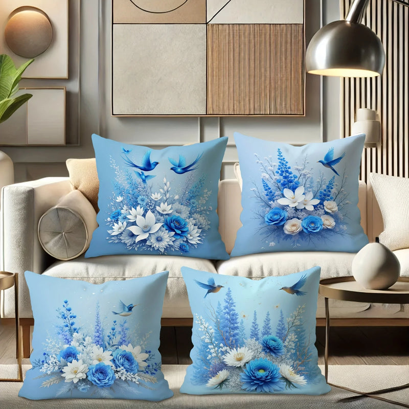 Blue Floral Bird Pillow Covers - Sky Blue Cushion Cases by Axyaa