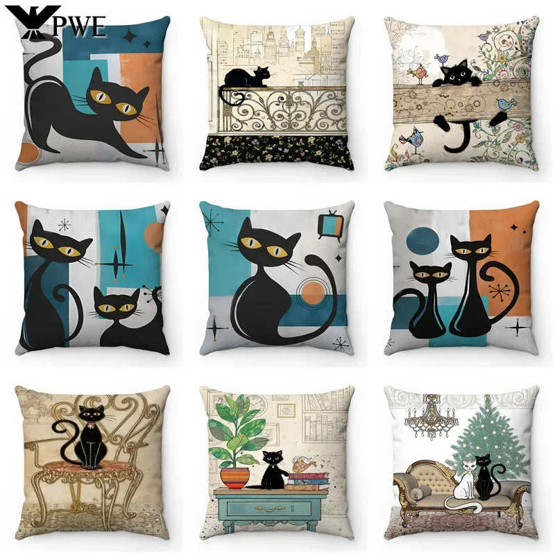 Axyaa Retro Black Cat Cartoon Anime Decorative Pillowcase for Sofa, Car, Bedroom