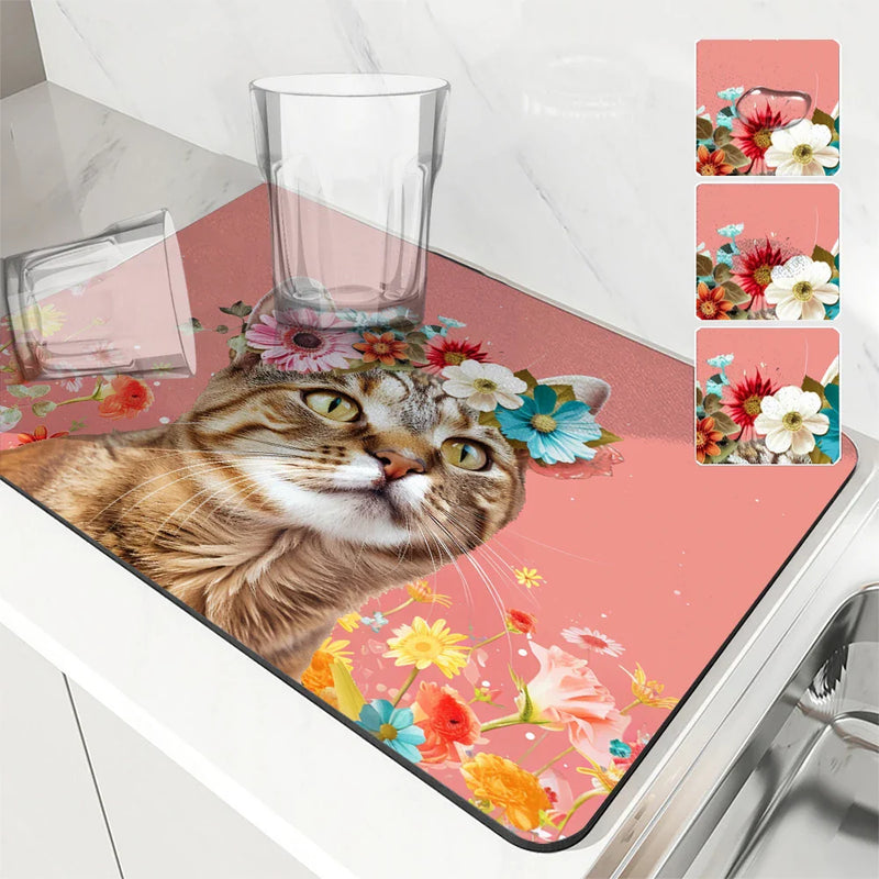 Axyaa Absorbent Coffee Dish Mat: Non-Slip Animal & Plant Design, Quick Dry Kitchen & Bathroom Drain Pad