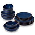 Axyaa Stoneware Dinner Set Blue Embossment Plates 16/32 Piece - Dinnerware Bowls Plates